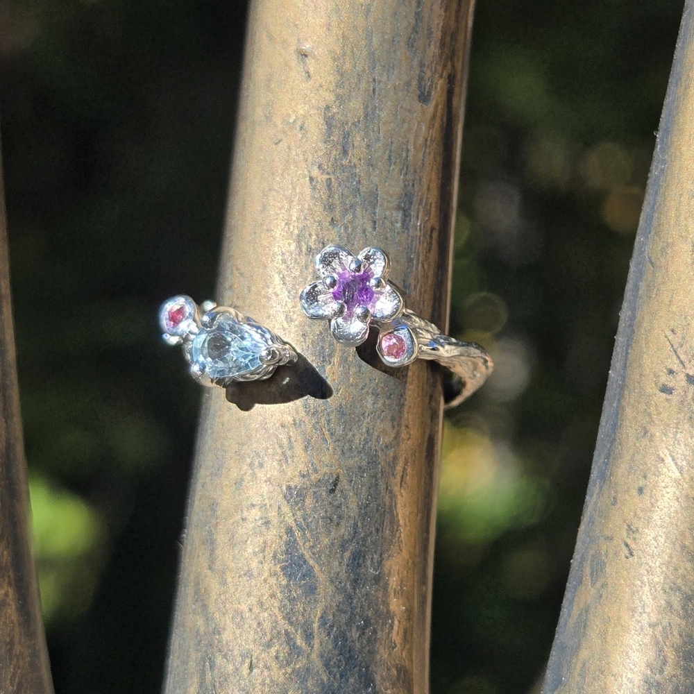 Topaz Amethyst & Rhodalite Sterling & White Gold Floral Ring Sz7 Adjustable - Picture 6 of 9